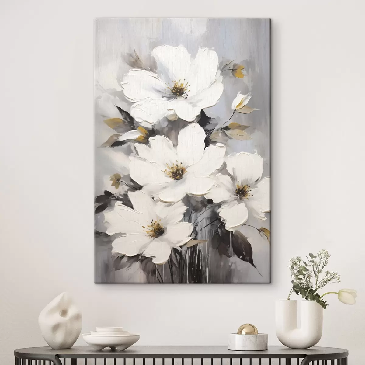 Tableau Fleurs blanches : peinture volumétrique sur fond gris s45252