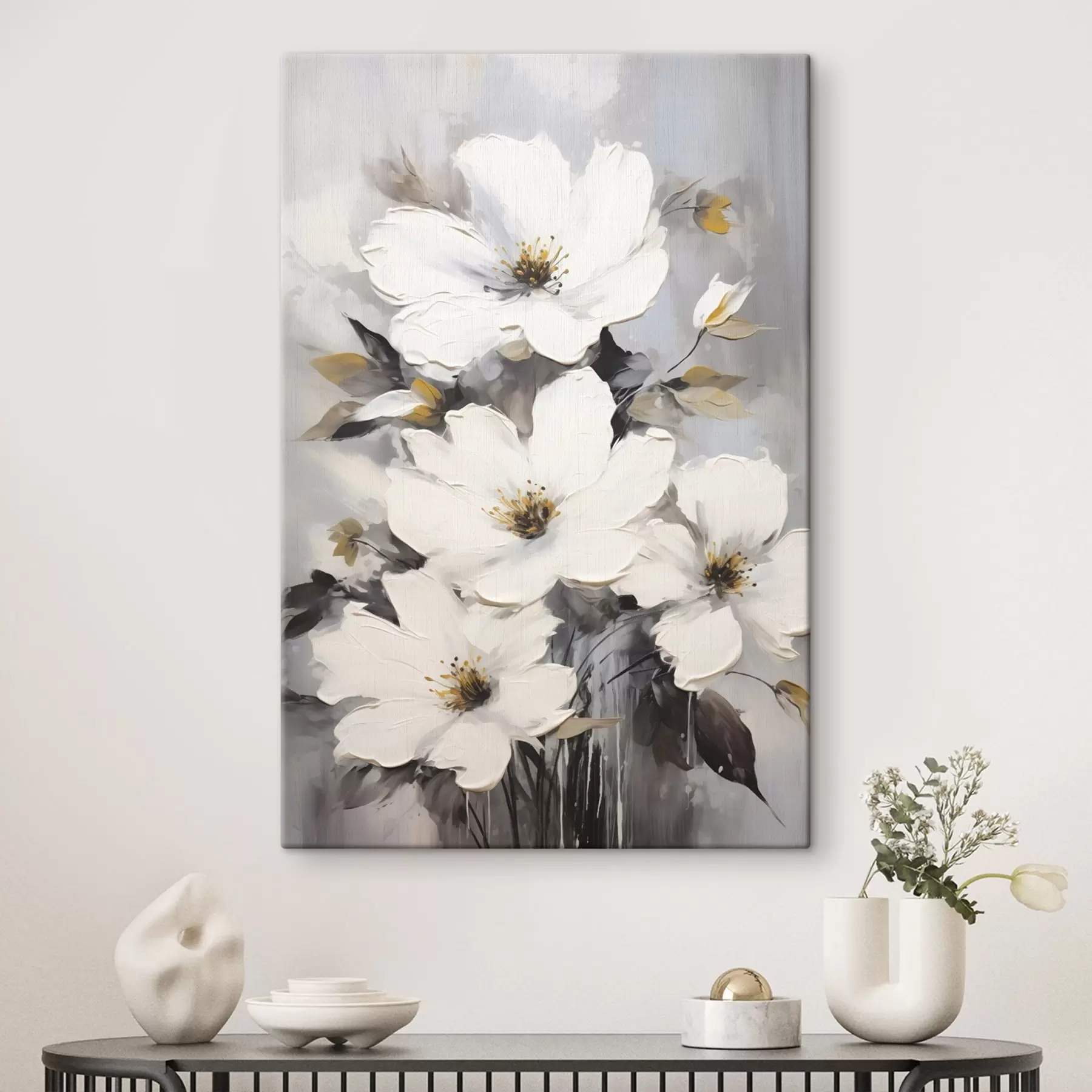 Tableau Fleurs blanches : peinture volumétrique sur fond gris s45252