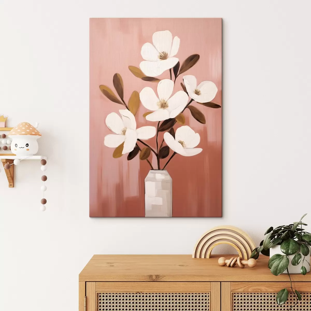 Tableau Magnolias blancs dans un vase blanc : peinture florale minimaliste s45254