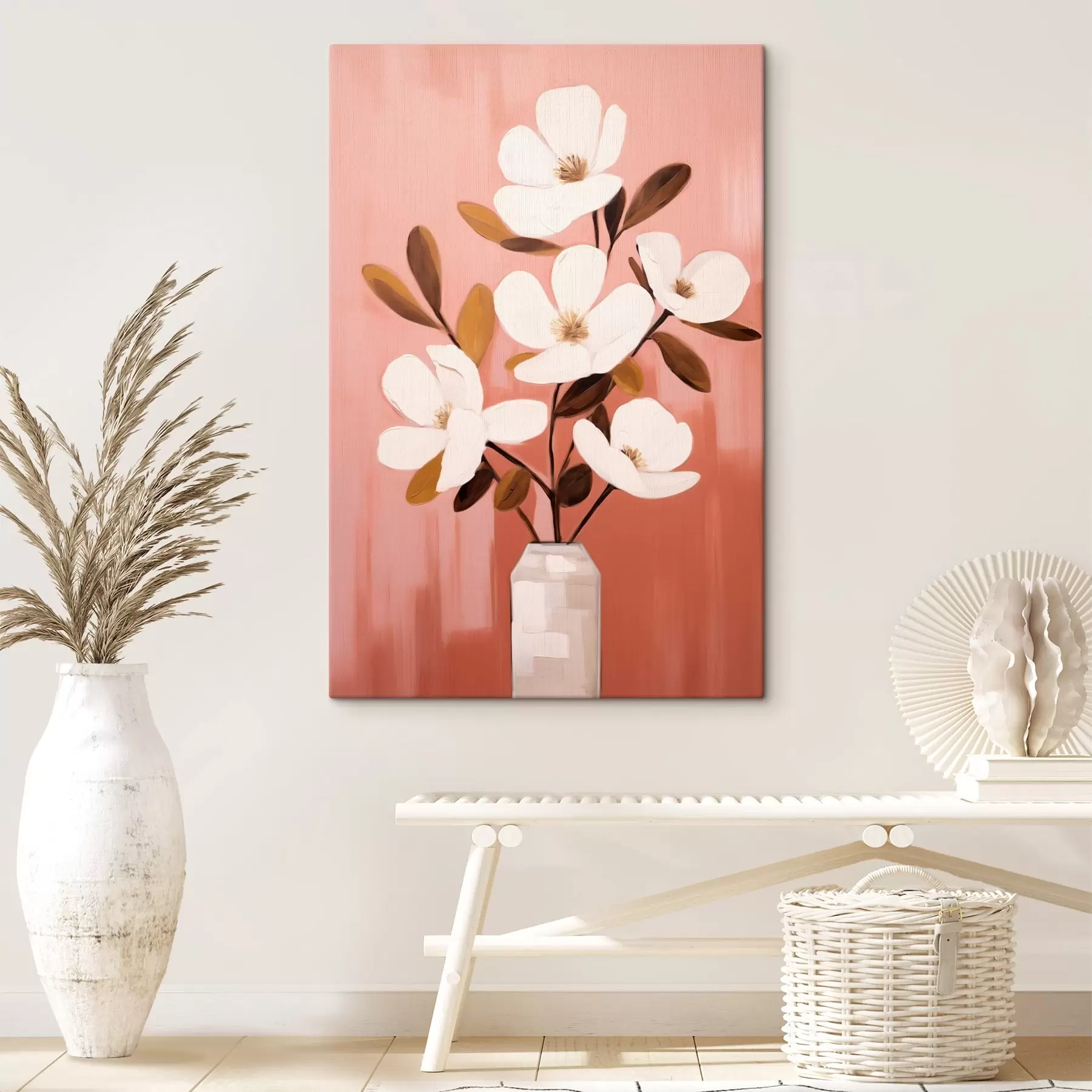 Tableau Magnolias blancs dans un vase blanc : peinture florale minimaliste s45254