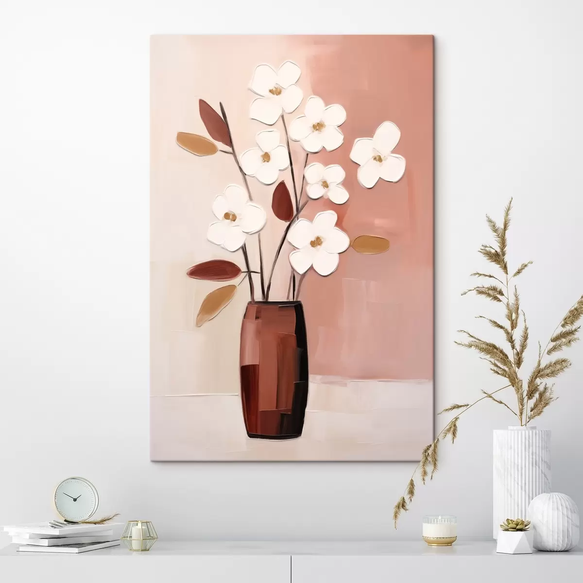 Tableau Fleurs blanches dans un vase sombre : peinture florale moderne s45255