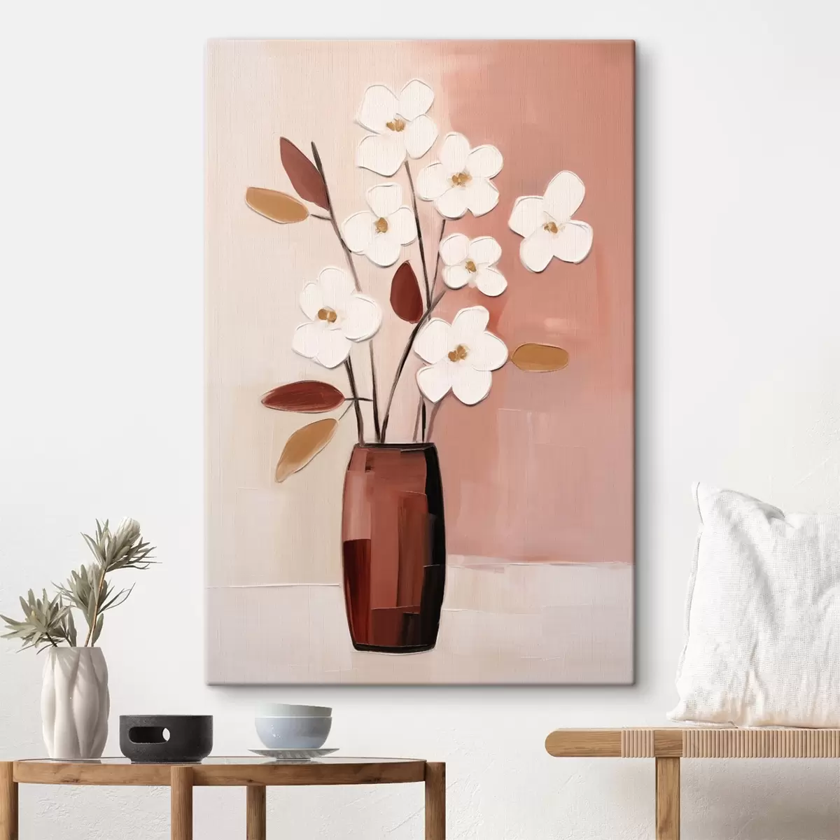 Tableau Fleurs blanches dans un vase sombre : peinture florale moderne s45255