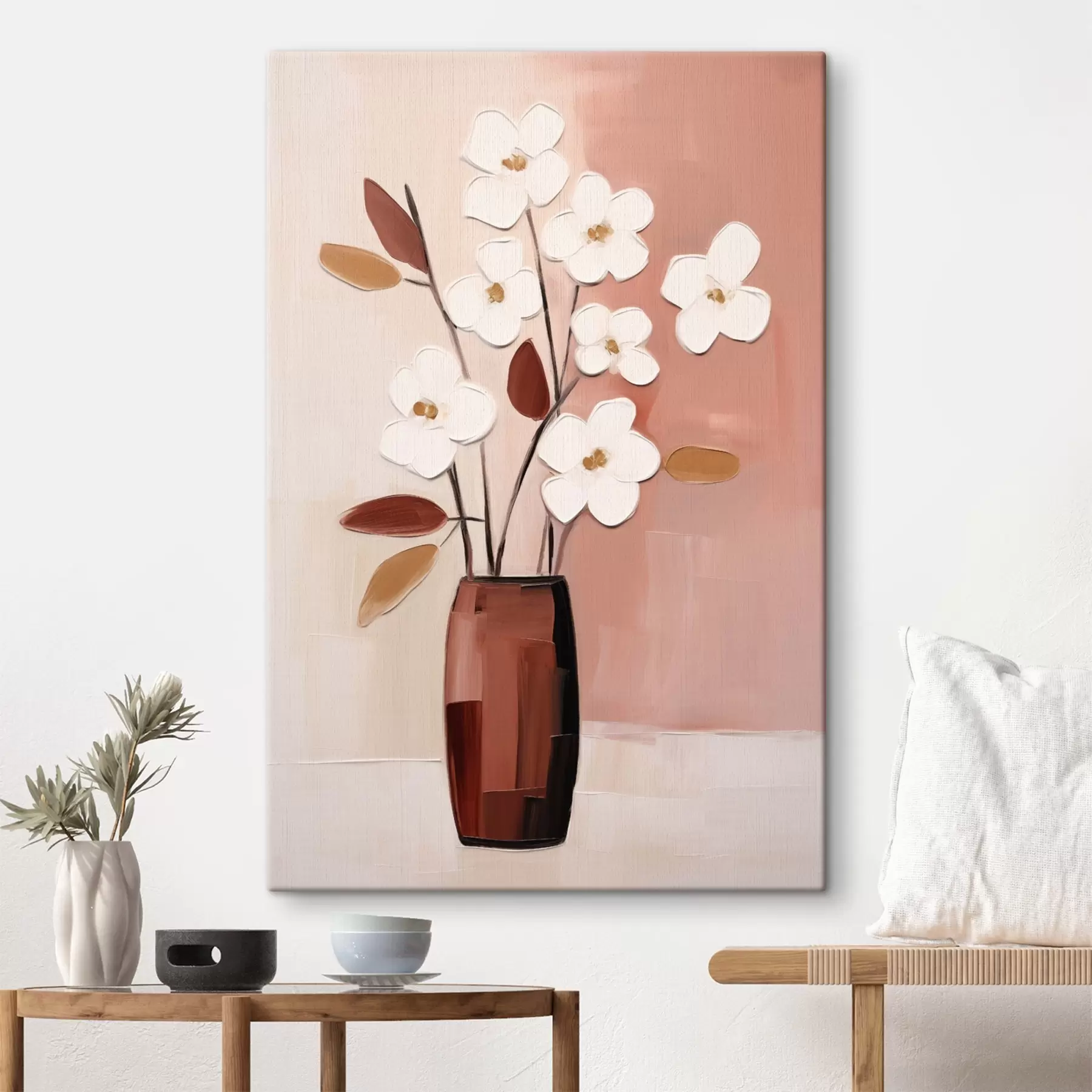 Tableau Fleurs blanches dans un vase sombre : peinture florale moderne s45255