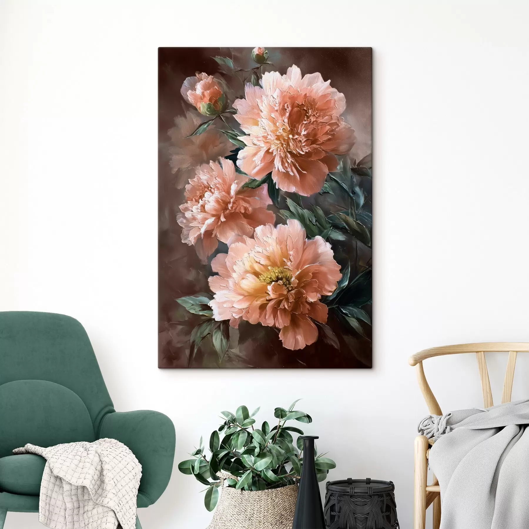 Tableau Pivoines roses luxuriantes sur un fond aux tons chauds dans le style du coup de pinceau s45260