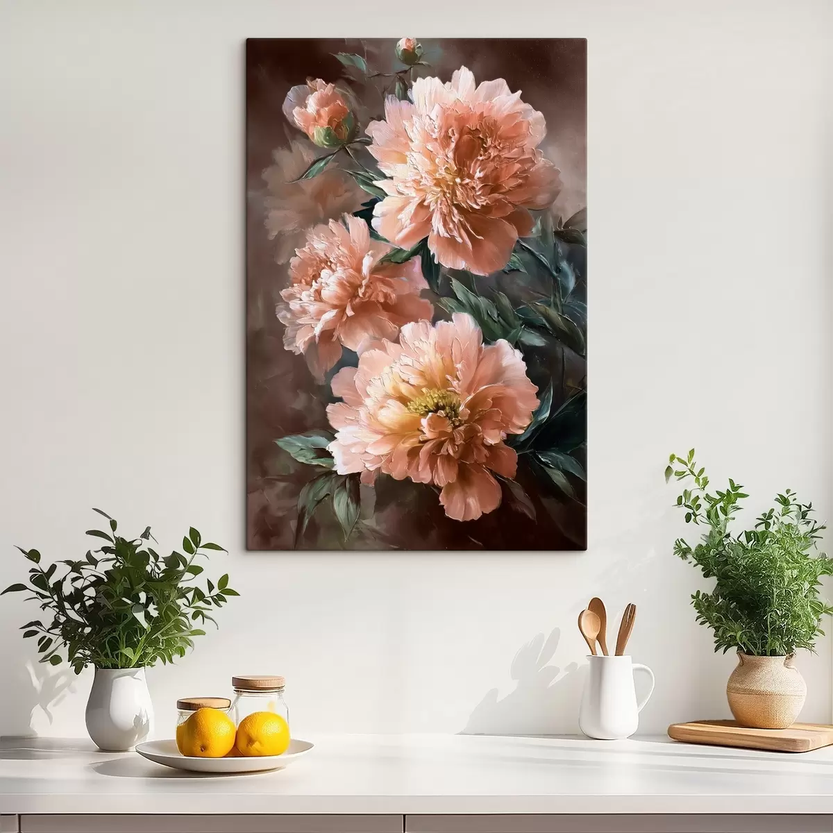 Tableau Pivoines roses luxuriantes sur un fond aux tons chauds dans le style du coup de pinceau s45260