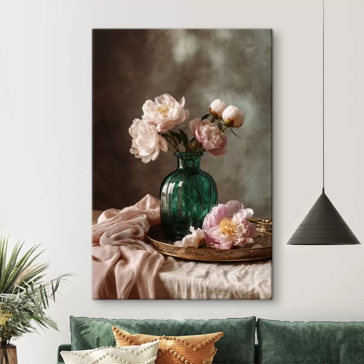 Tableau Pivoines roses délicates dans un vase émeraude s45261