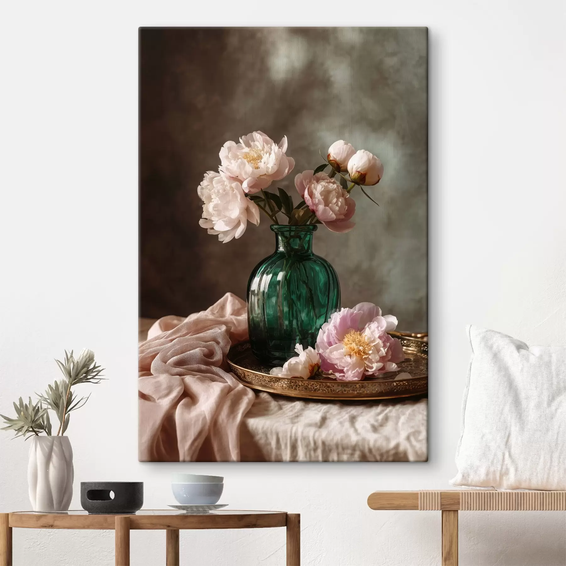 Tableau Pivoines roses délicates dans un vase émeraude s45261