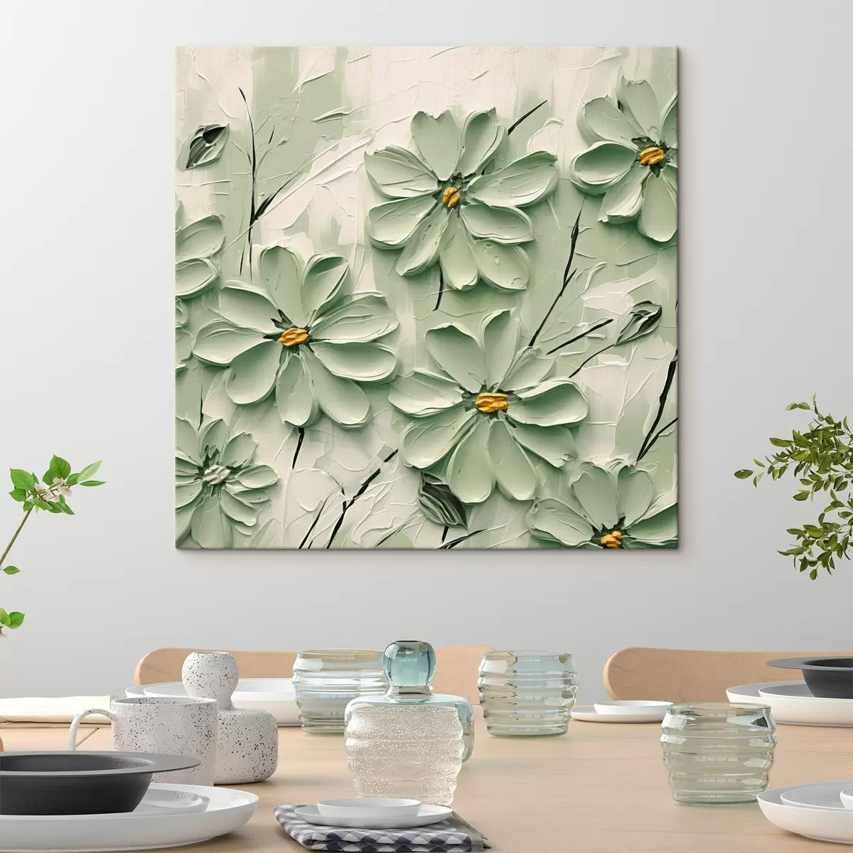 Tableau Fleurs vertes à centre jaune peintes à grands coups de pinceau sur fond clair s45265