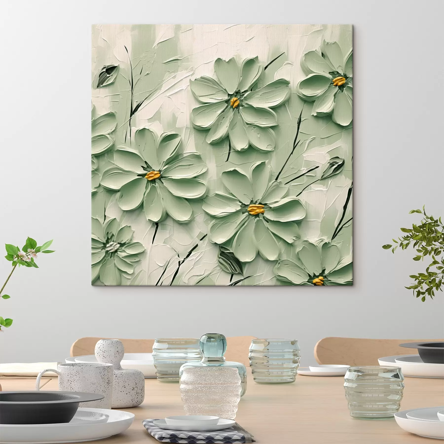 Tableau Fleurs vertes à centre jaune peintes à grands coups de pinceau sur fond clair s45265