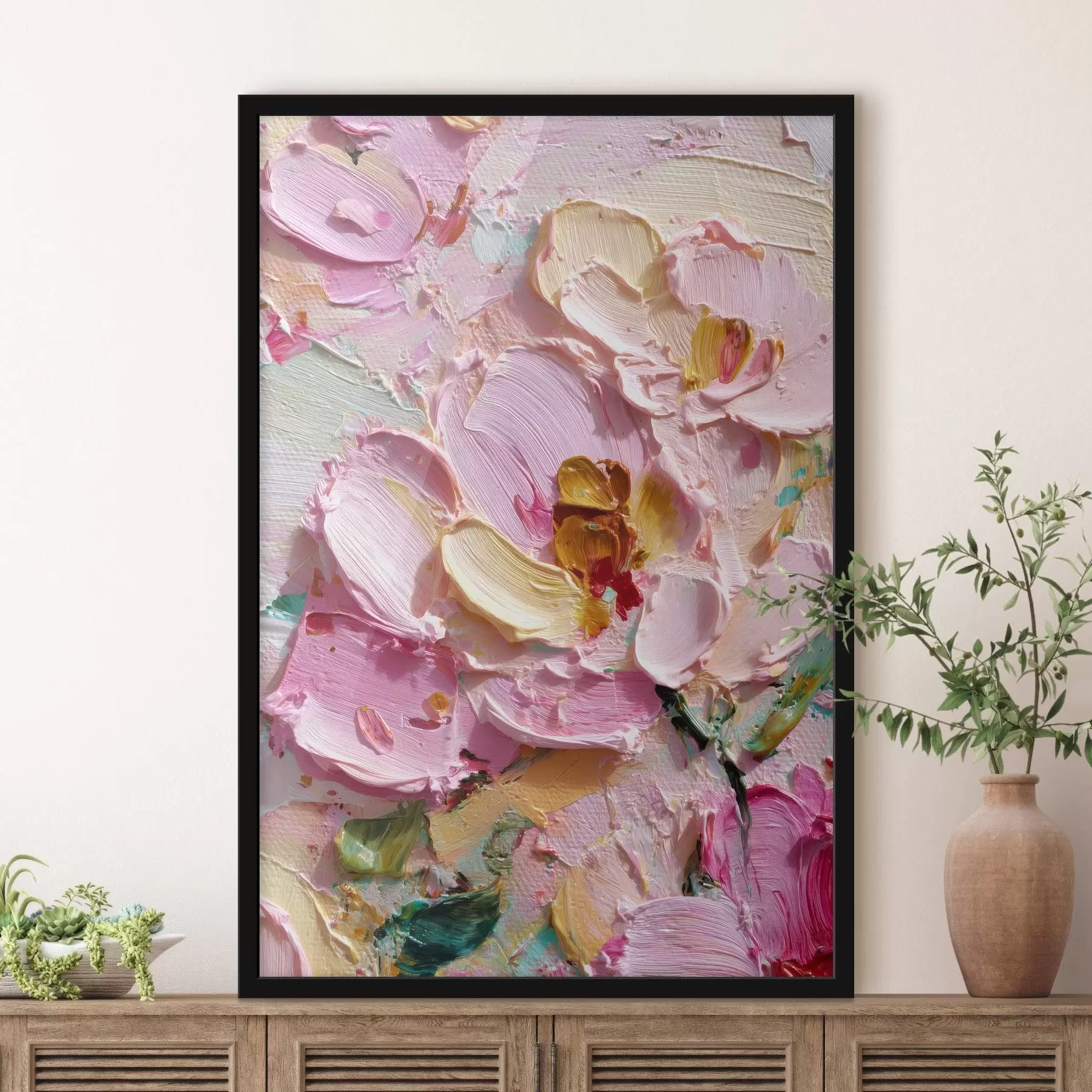 Tableau Magnolias roses : peinture texturée avec des traits dimensionnels f45249