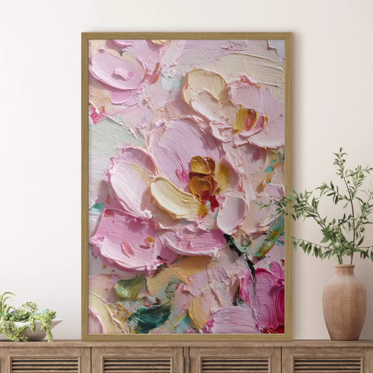 Poster Magnolias roses : peinture texturée avec des traits dimensionnels f45249