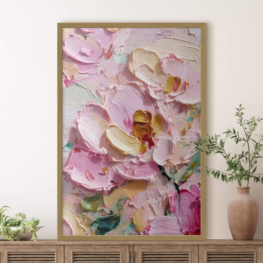 Papier peint Magnolias roses : peinture texturée avec des traits dimensionnels f45249