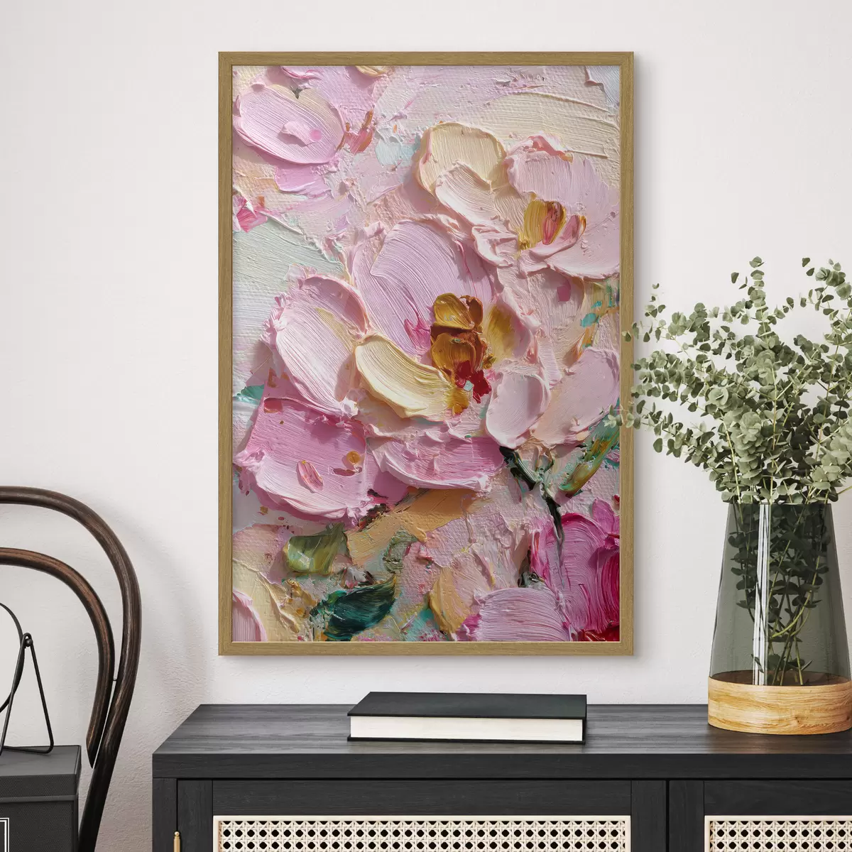 Poster Magnolias roses : peinture texturée avec des traits dimensionnels f45249