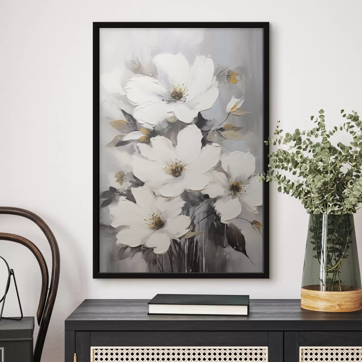 Poster Fleurs blanches : peinture volumétrique sur fond gris f45252