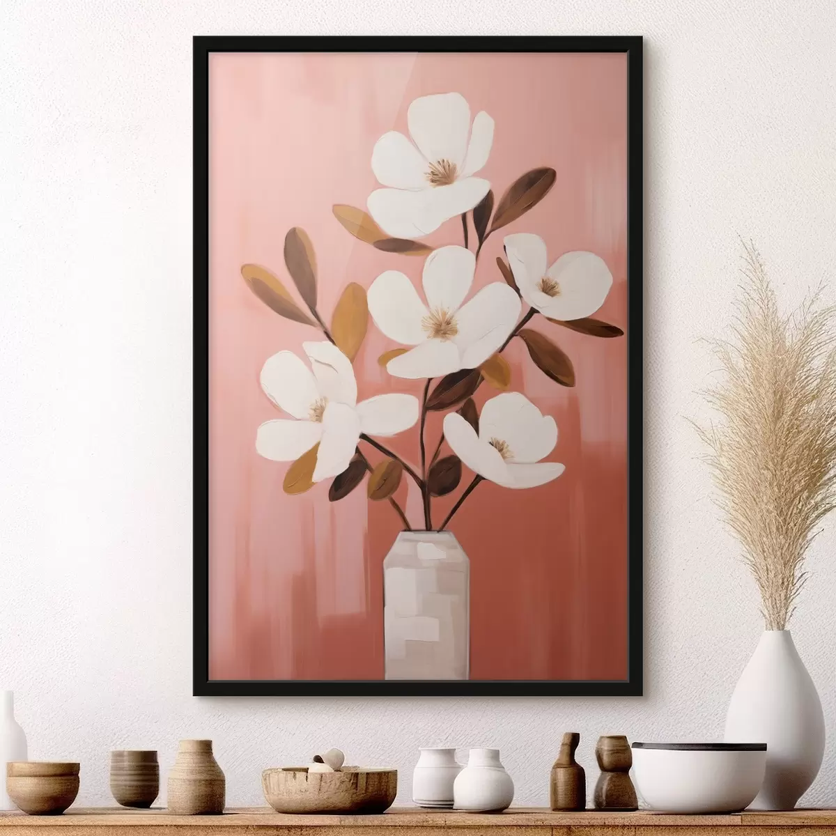 Poster Magnolias blancs dans un vase blanc : peinture florale minimaliste f45254
