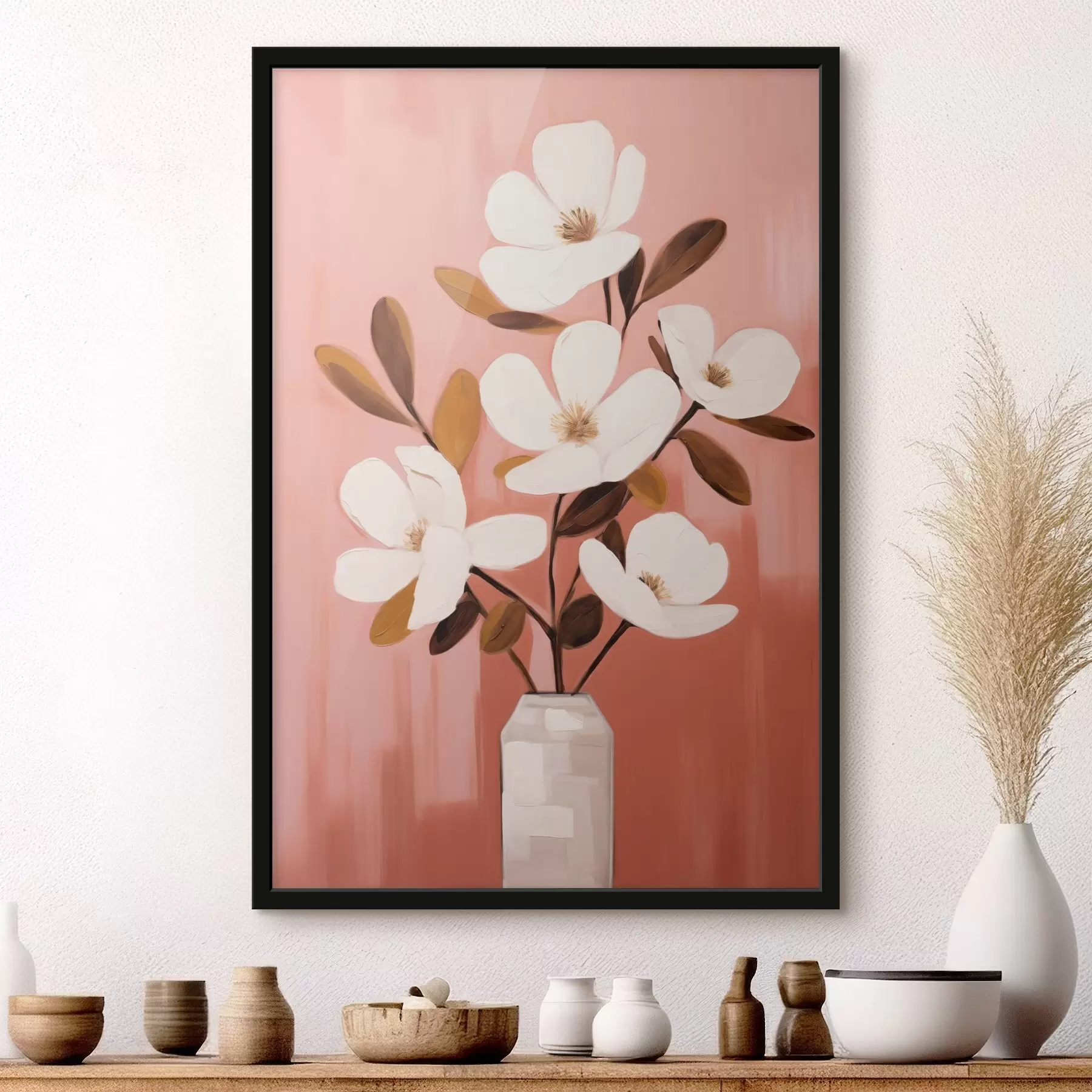 Papier peint Magnolias blancs dans un vase blanc : peinture florale minimaliste f45254