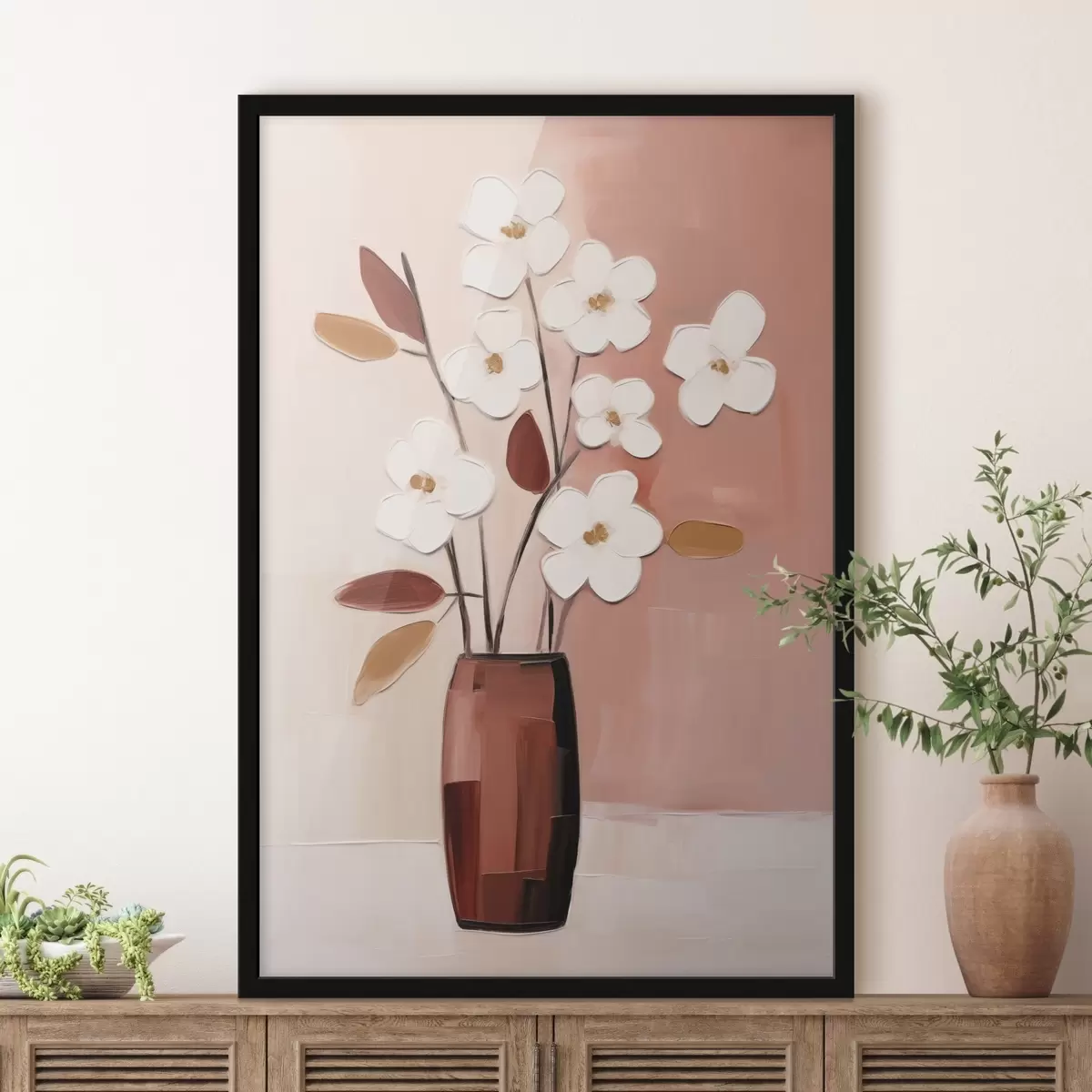 Poster Fleurs blanches dans un vase sombre : peinture florale moderne f45255