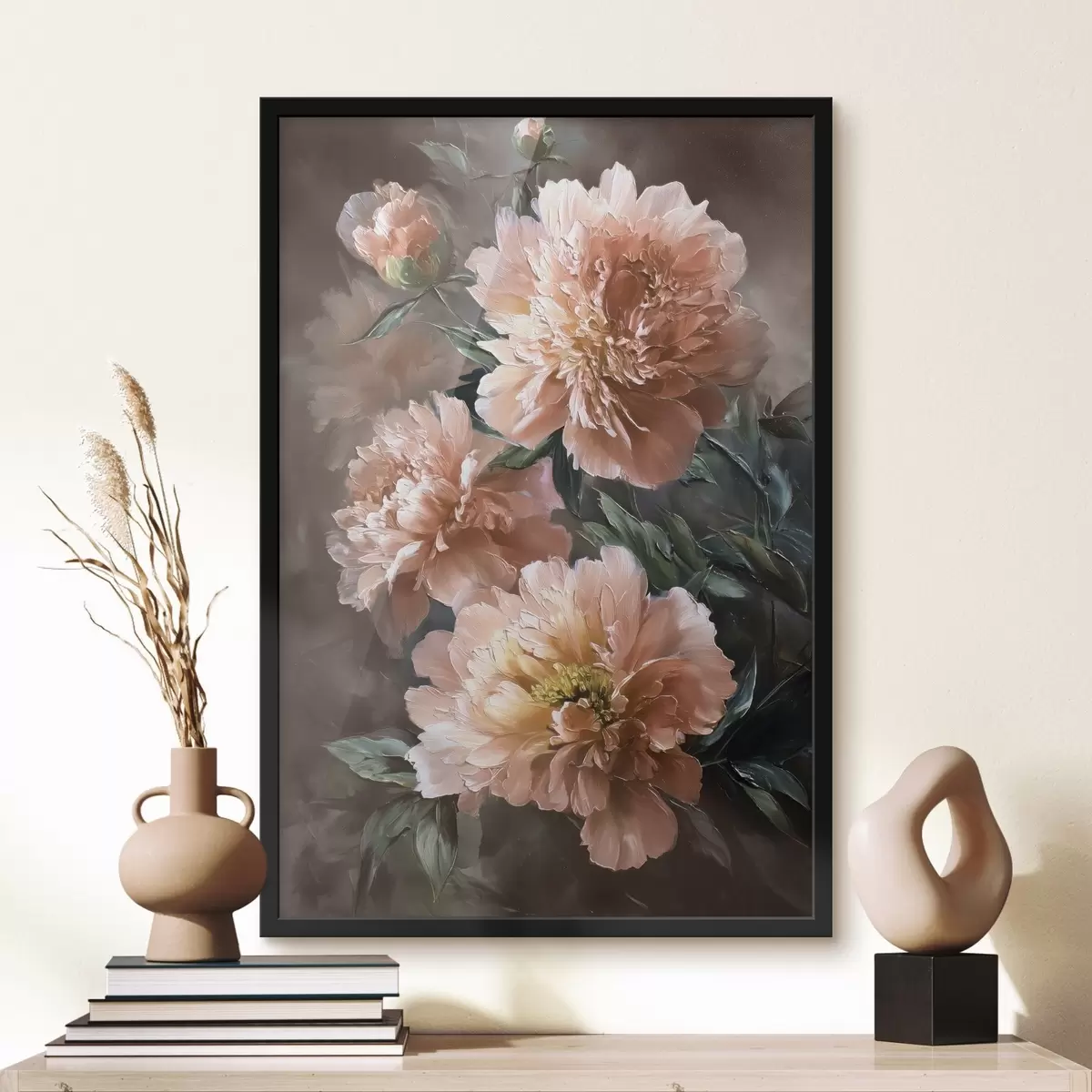 Poster Bouquet de pivoines roses avec des traits gras sur un fond sombre f45260