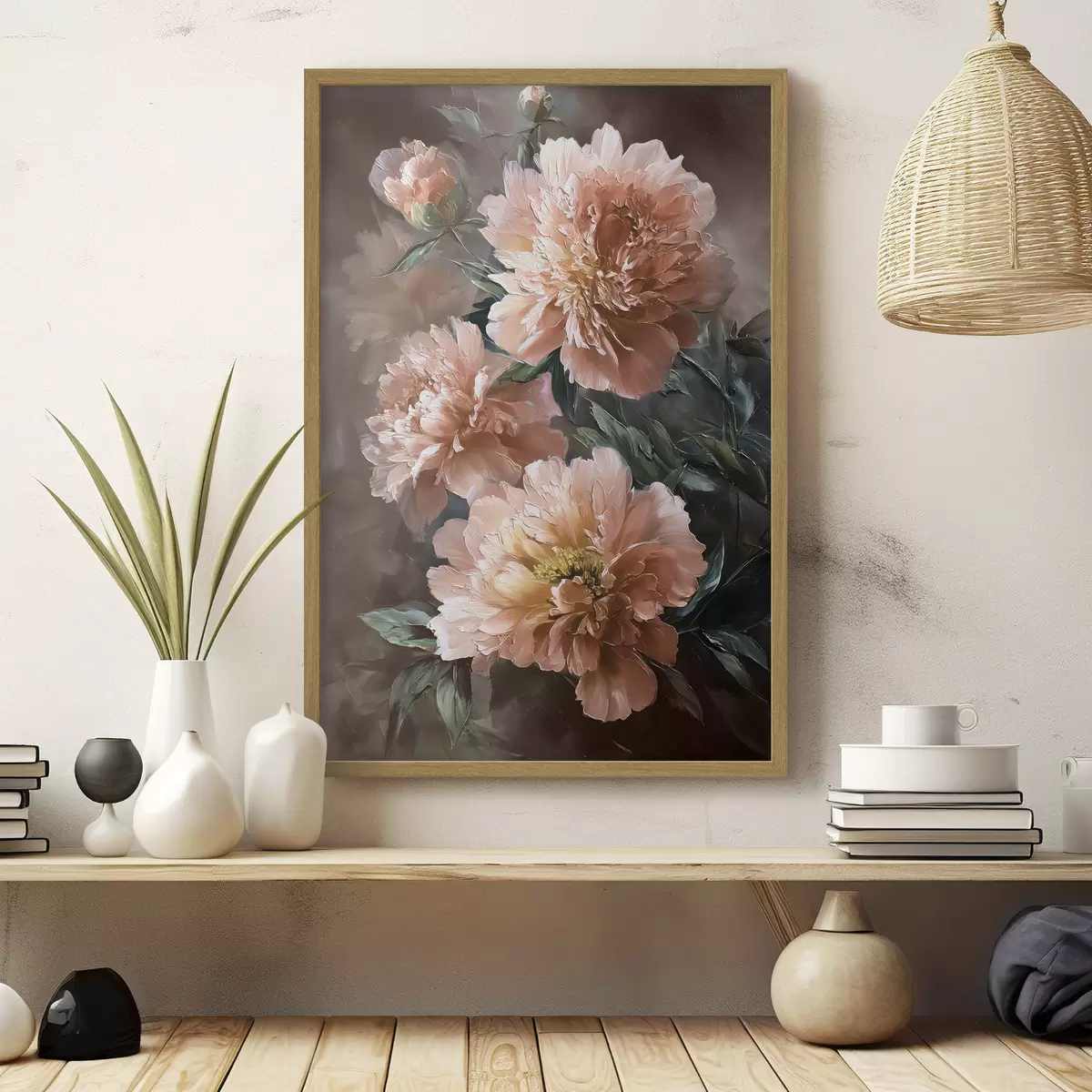 Poster Pivoines roses luxuriantes sur un fond aux tons chauds dans le style du coup de pinceau f45260