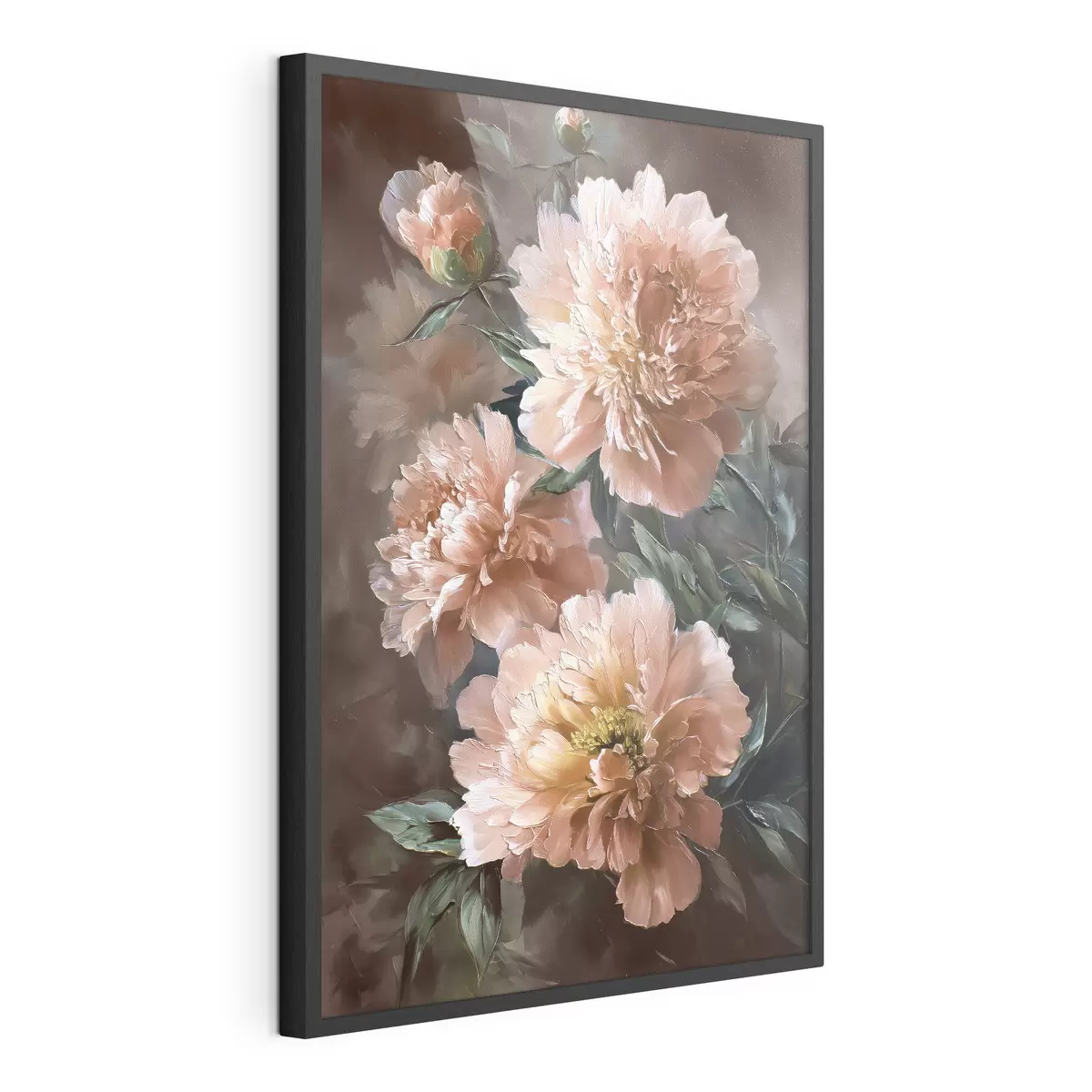 Poster Pivoines roses luxuriantes sur un fond aux tons chauds dans le style du coup de pinceau f45260