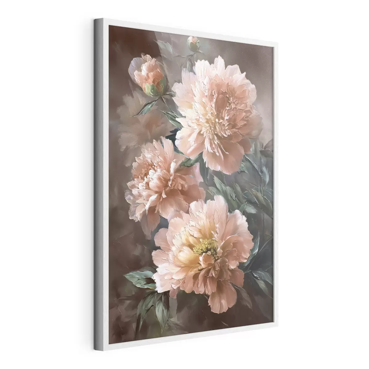 Poster Pivoines roses luxuriantes sur un fond aux tons chauds dans le style du coup de pinceau f45260