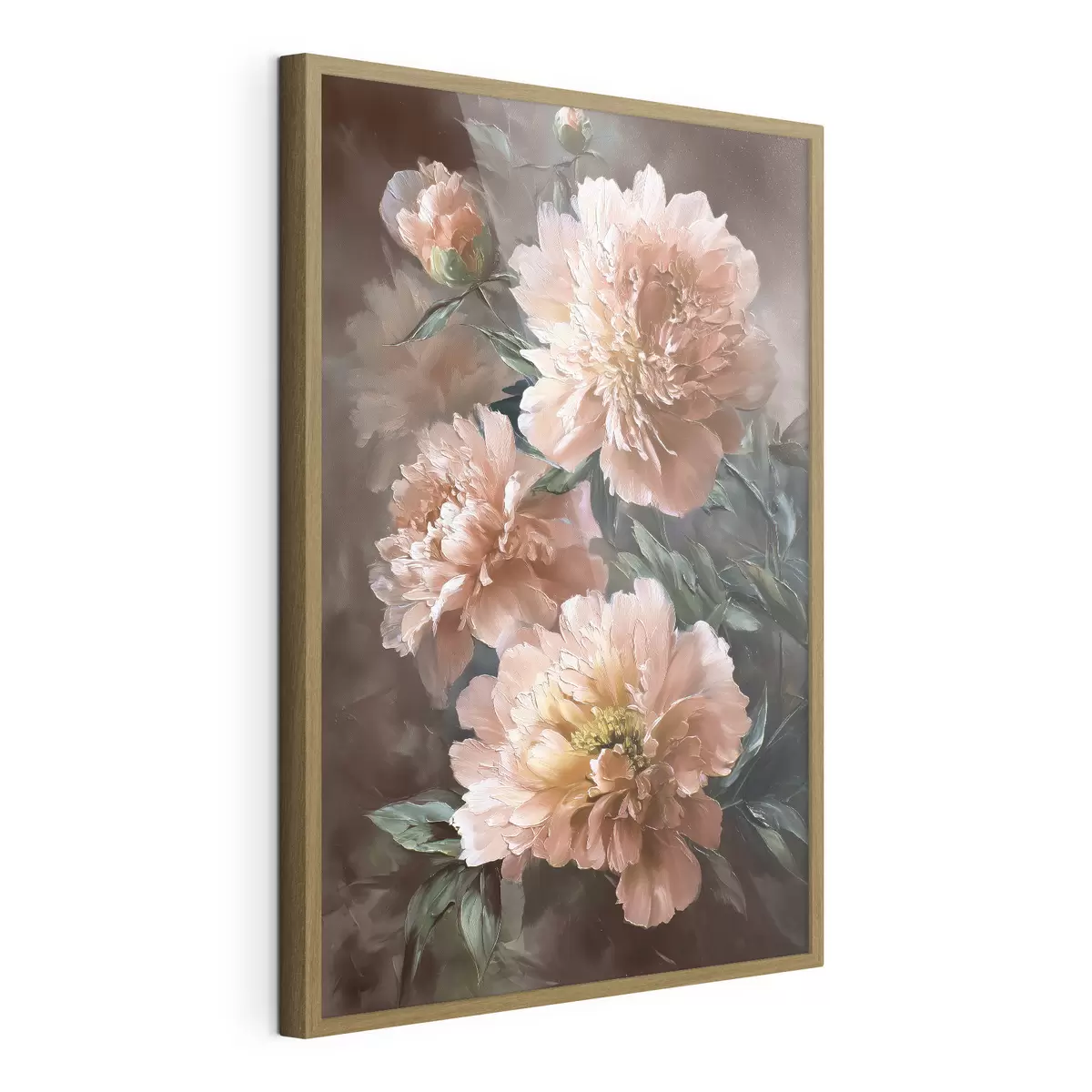 Poster Pivoines roses luxuriantes sur un fond aux tons chauds dans le style du coup de pinceau f45260