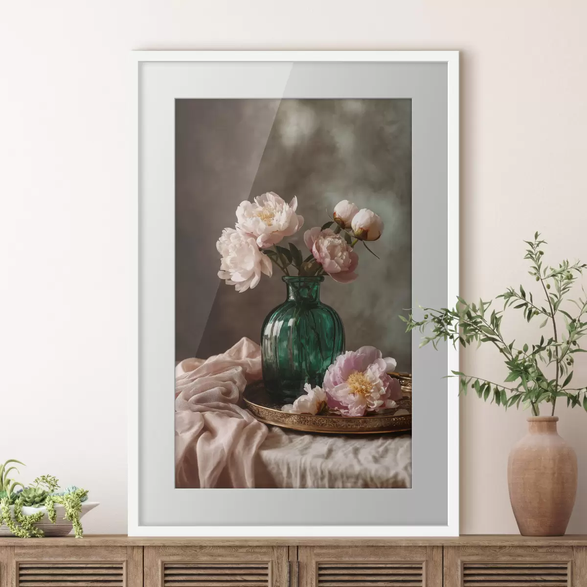 Poster Pivoines roses délicates dans un vase émeraude f45261