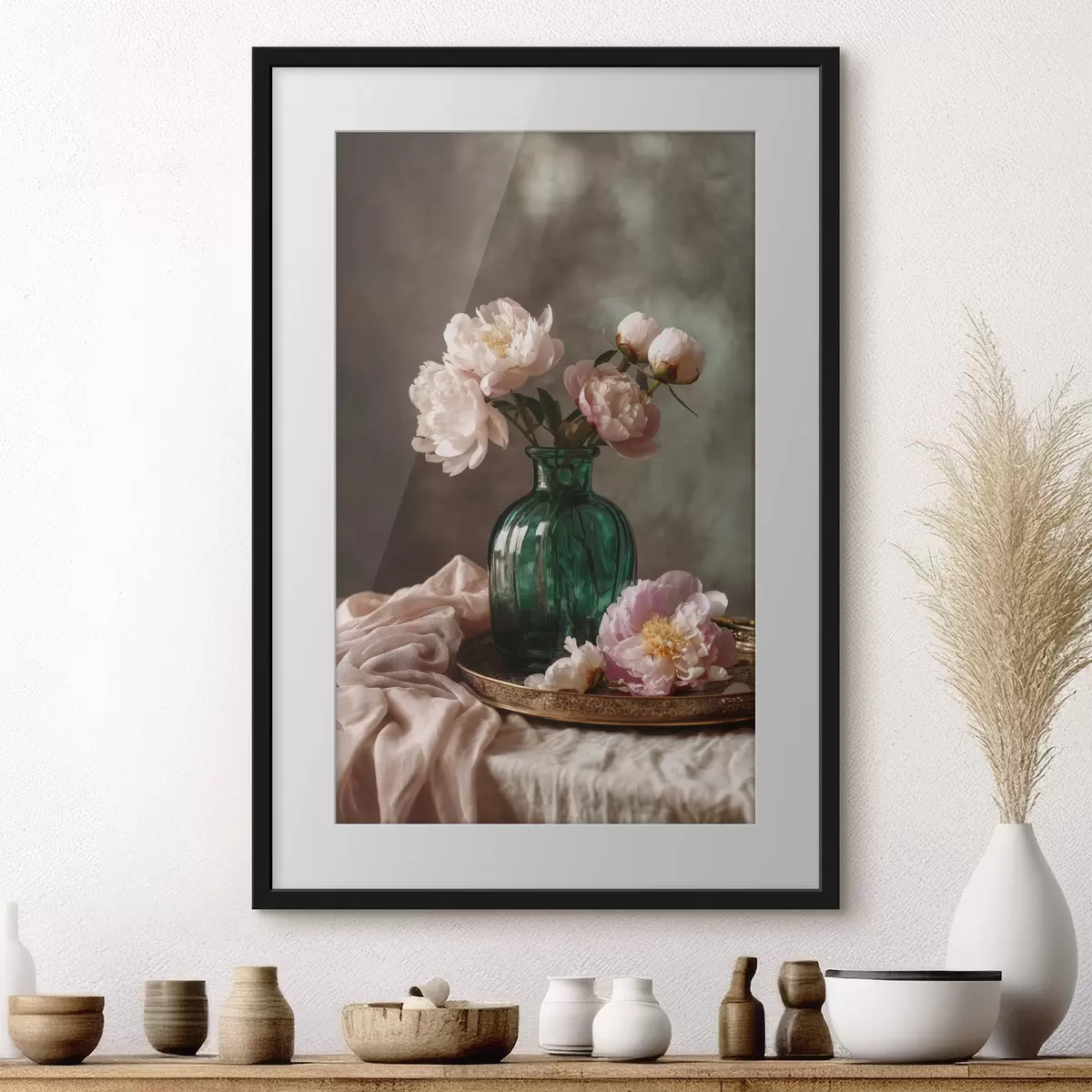 Poster Pivoines roses délicates dans un vase émeraude f45261