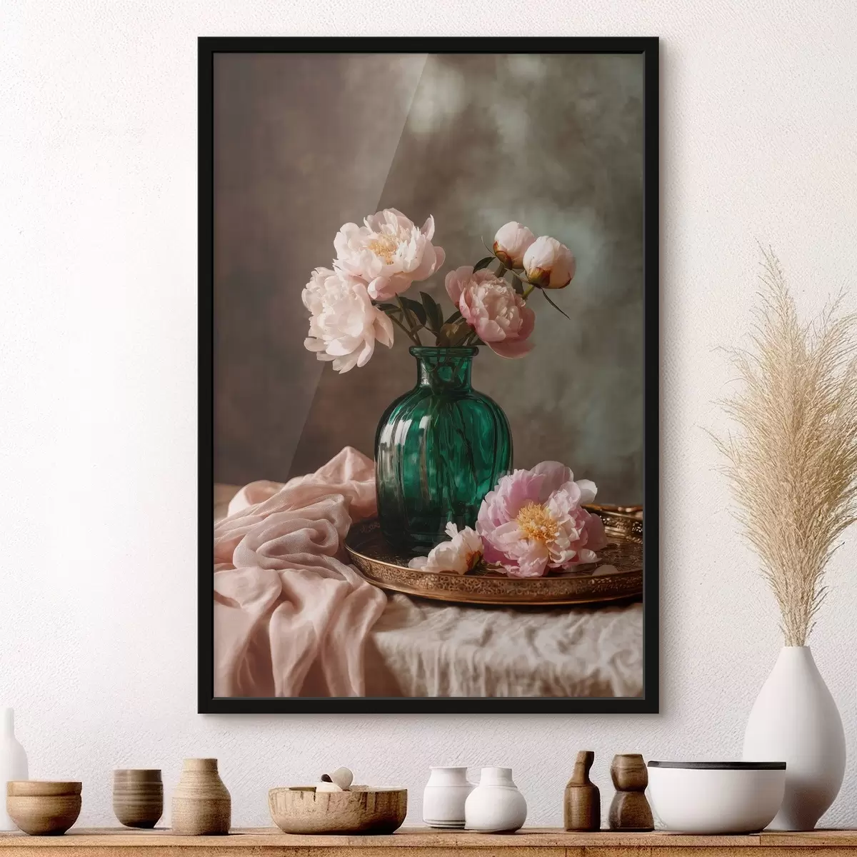 Poster Pivoines roses délicates dans un vase émeraude f45261