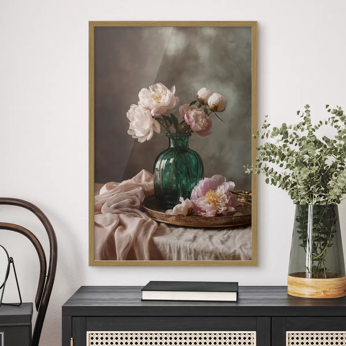 Poster Pivoines roses délicates dans un vase émeraude f45261