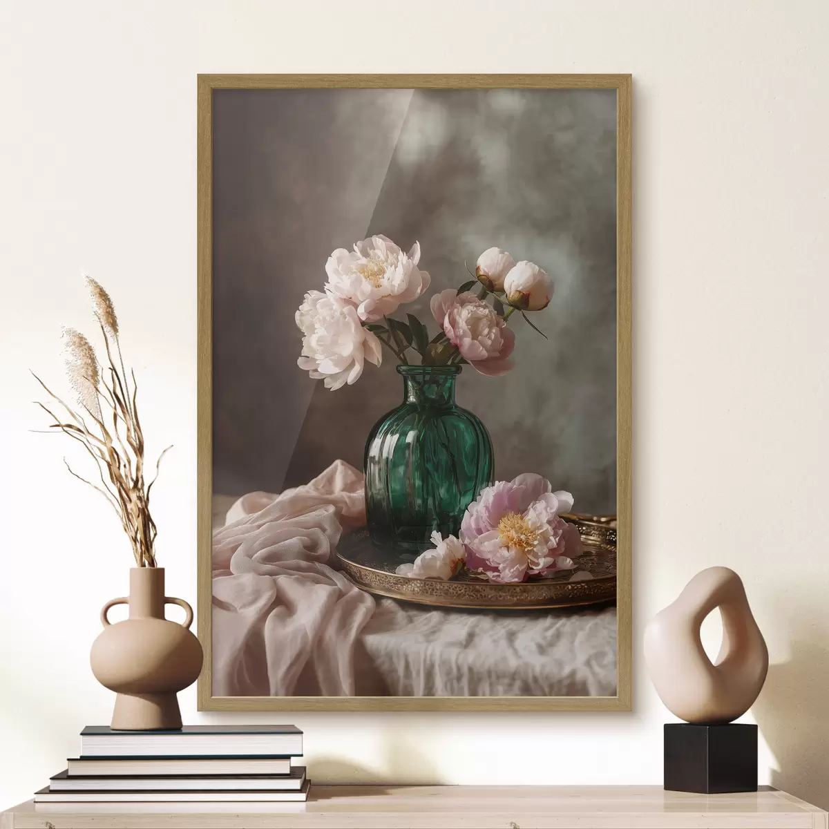 Poster Pivoines roses délicates dans un vase émeraude f45261