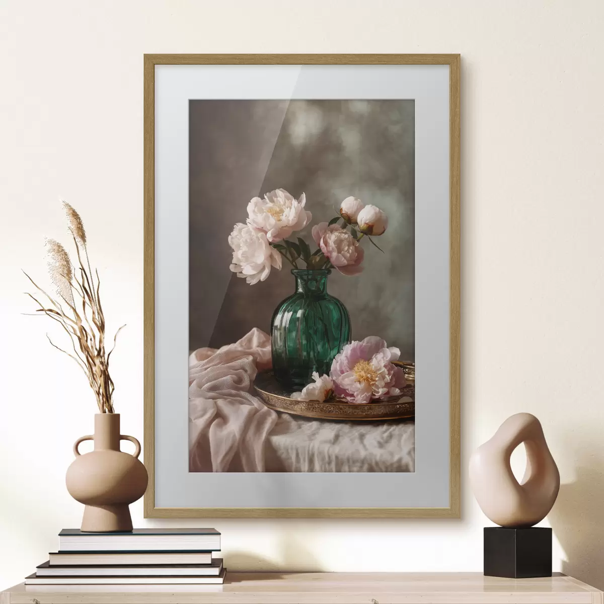 Poster Pivoines roses délicates dans un vase émeraude f45261