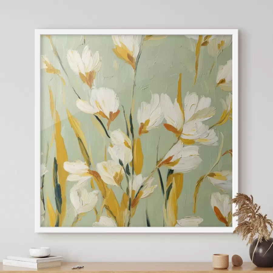 Papier peint Fleurs blanches avec des accents jaunes sur un fond menthe en style coup de pinceau f45264
