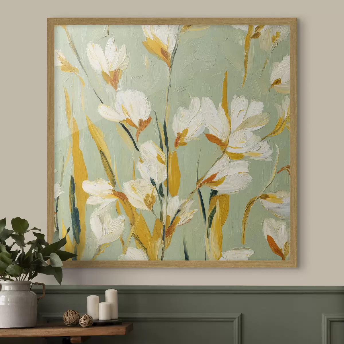 Poster Fleurs blanches avec des accents jaunes sur un fond menthe en style coup de pinceau f45264