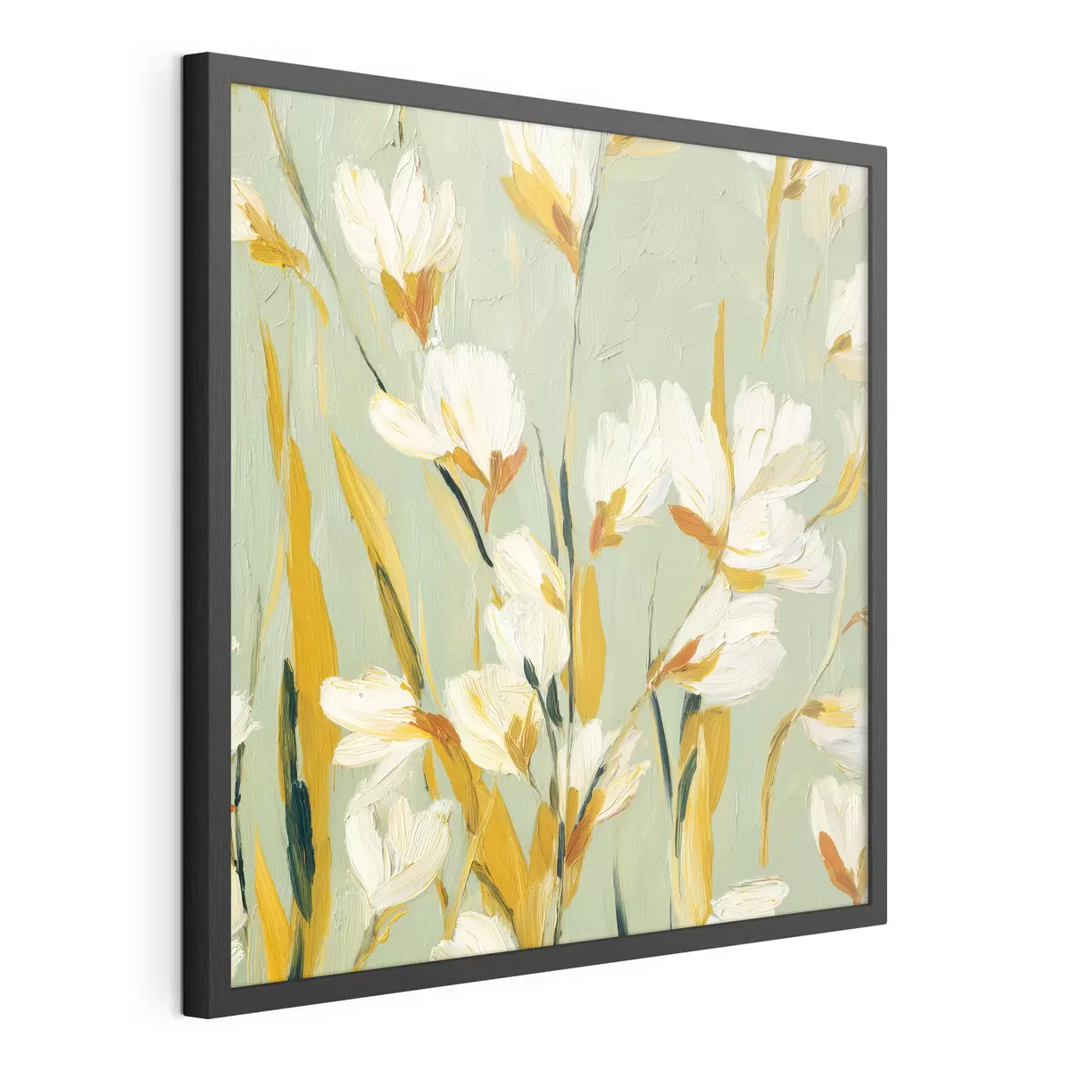 Poster Fleurs blanches avec des accents jaunes sur un fond menthe en style coup de pinceau f45264