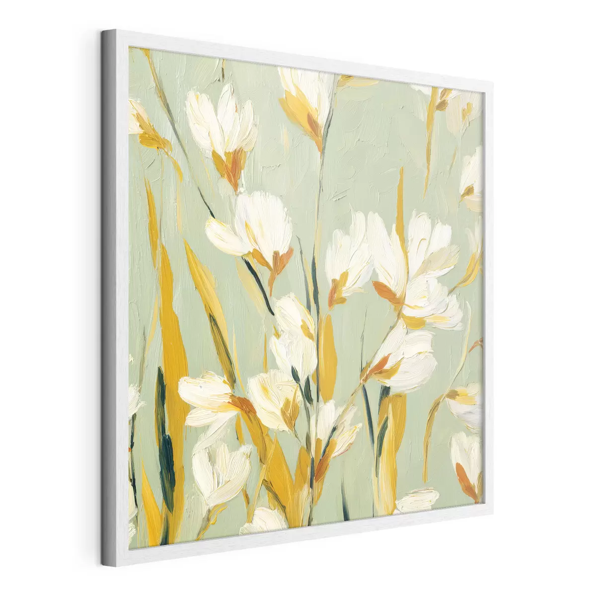 Poster Fleurs blanches avec des accents jaunes sur un fond menthe en style coup de pinceau f45264
