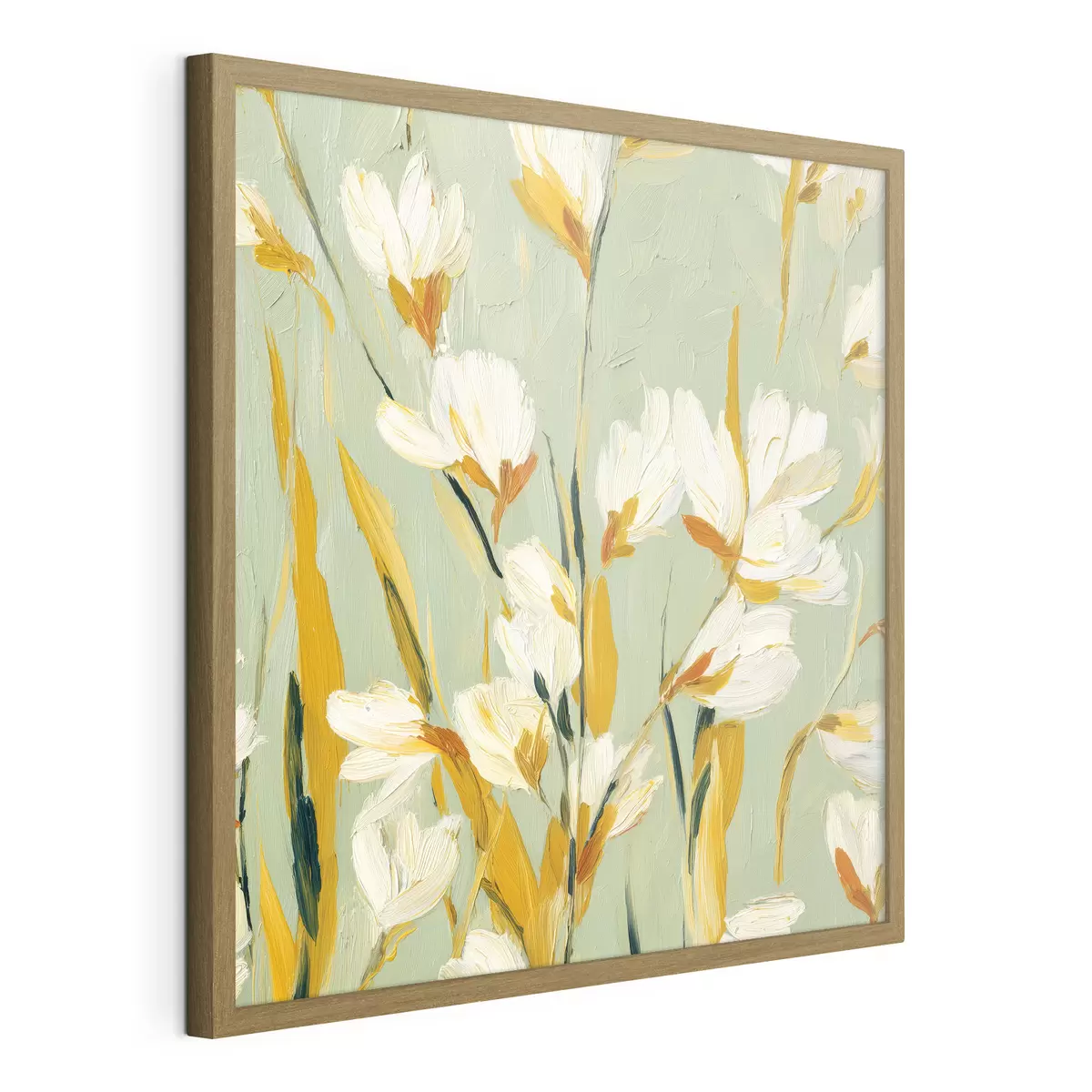 Poster Fleurs blanches avec des accents jaunes sur un fond menthe en style coup de pinceau f45264
