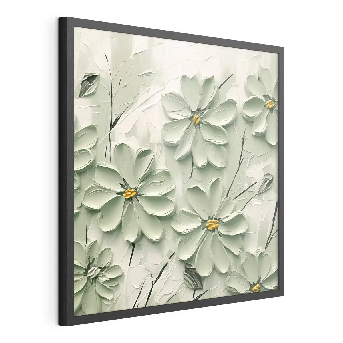 Poster Fleurs vertes à centre jaune peintes à grands coups de pinceau sur fond clair f45265