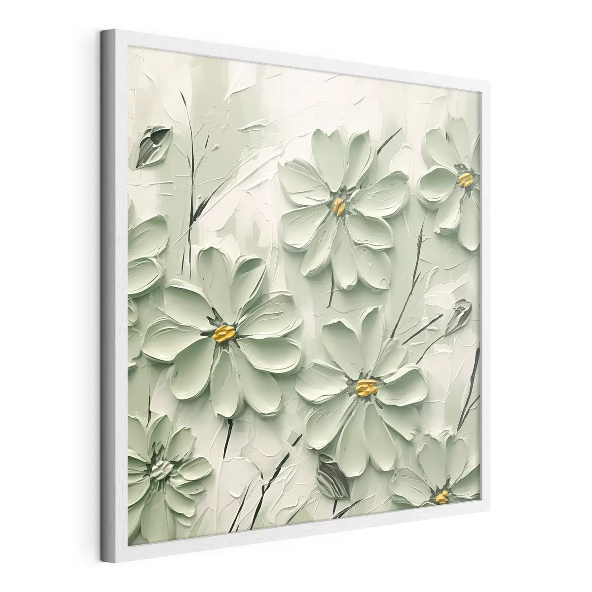 Poster Fleurs vertes à centre jaune peintes à grands coups de pinceau sur fond clair f45265
