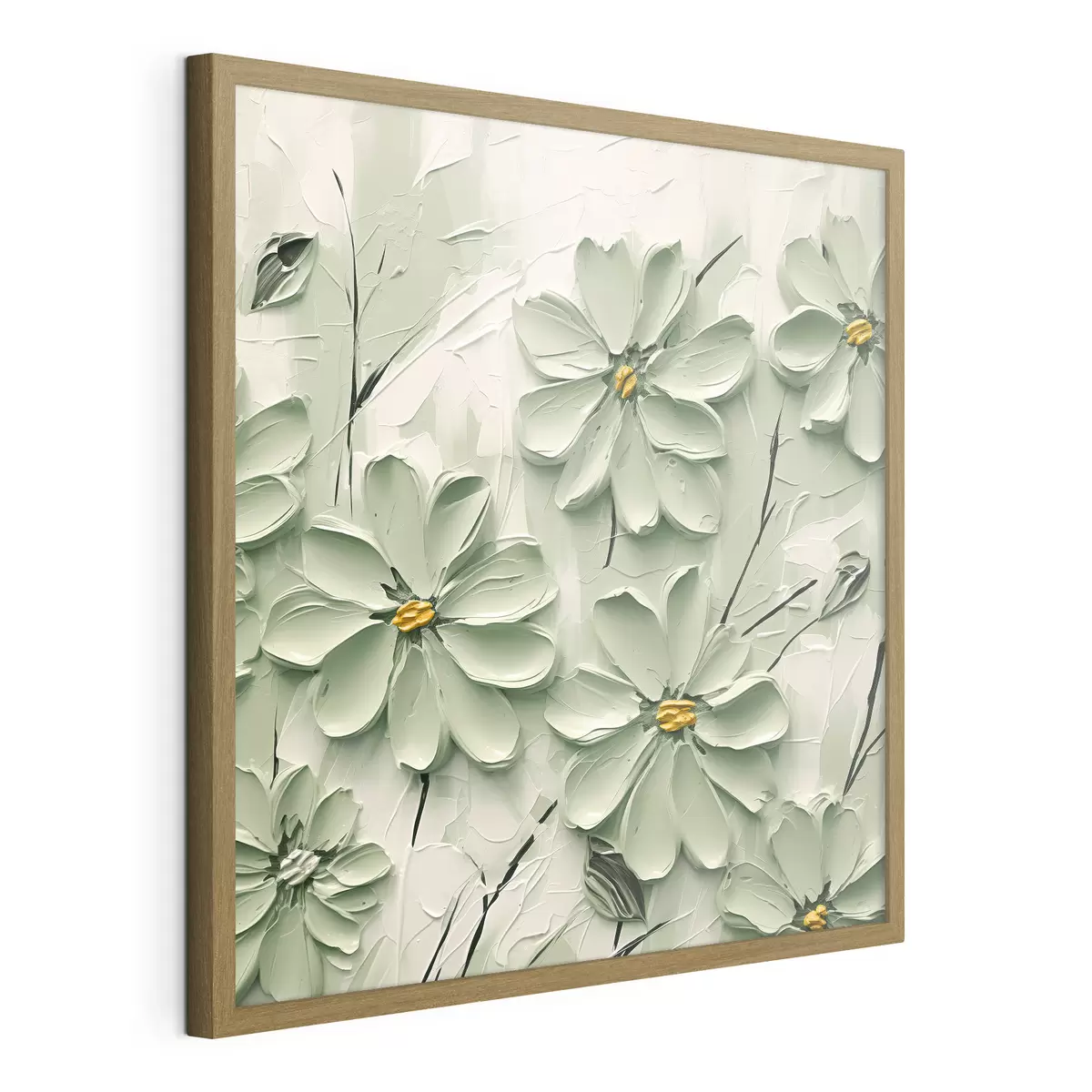 Poster Fleurs vertes à centre jaune peintes à grands coups de pinceau sur fond clair f45265