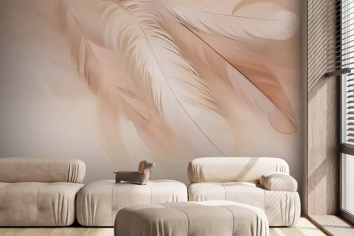 Papier peint Des plumes en apesanteur dans une douce brume de tons chauds w09286