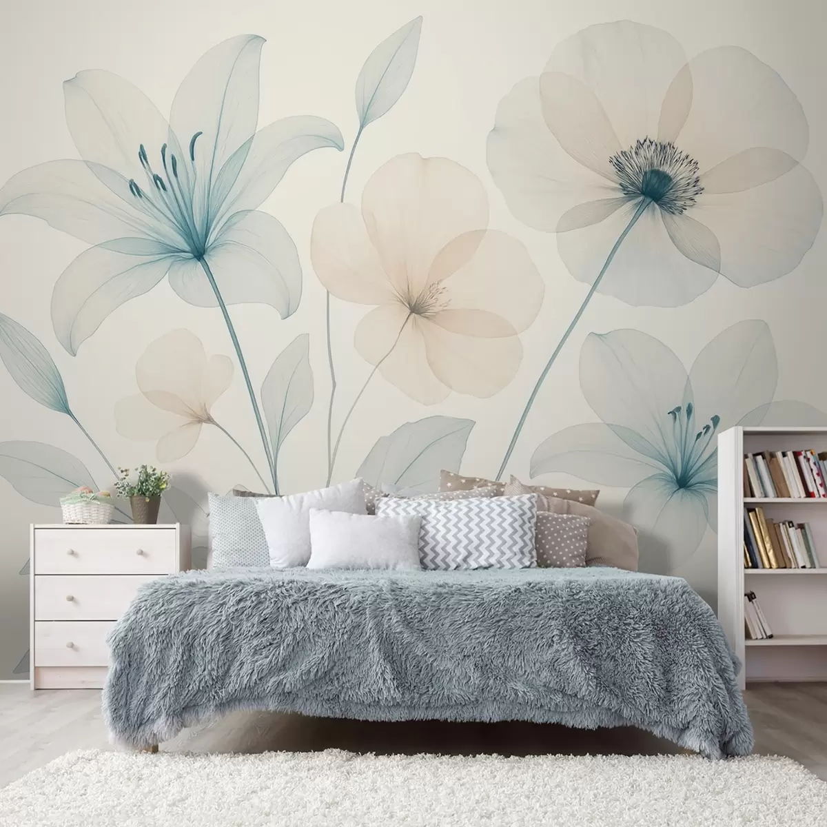 Papier peint Fleurs délicates dans un style aquarelle bleu pastel et crème w09287