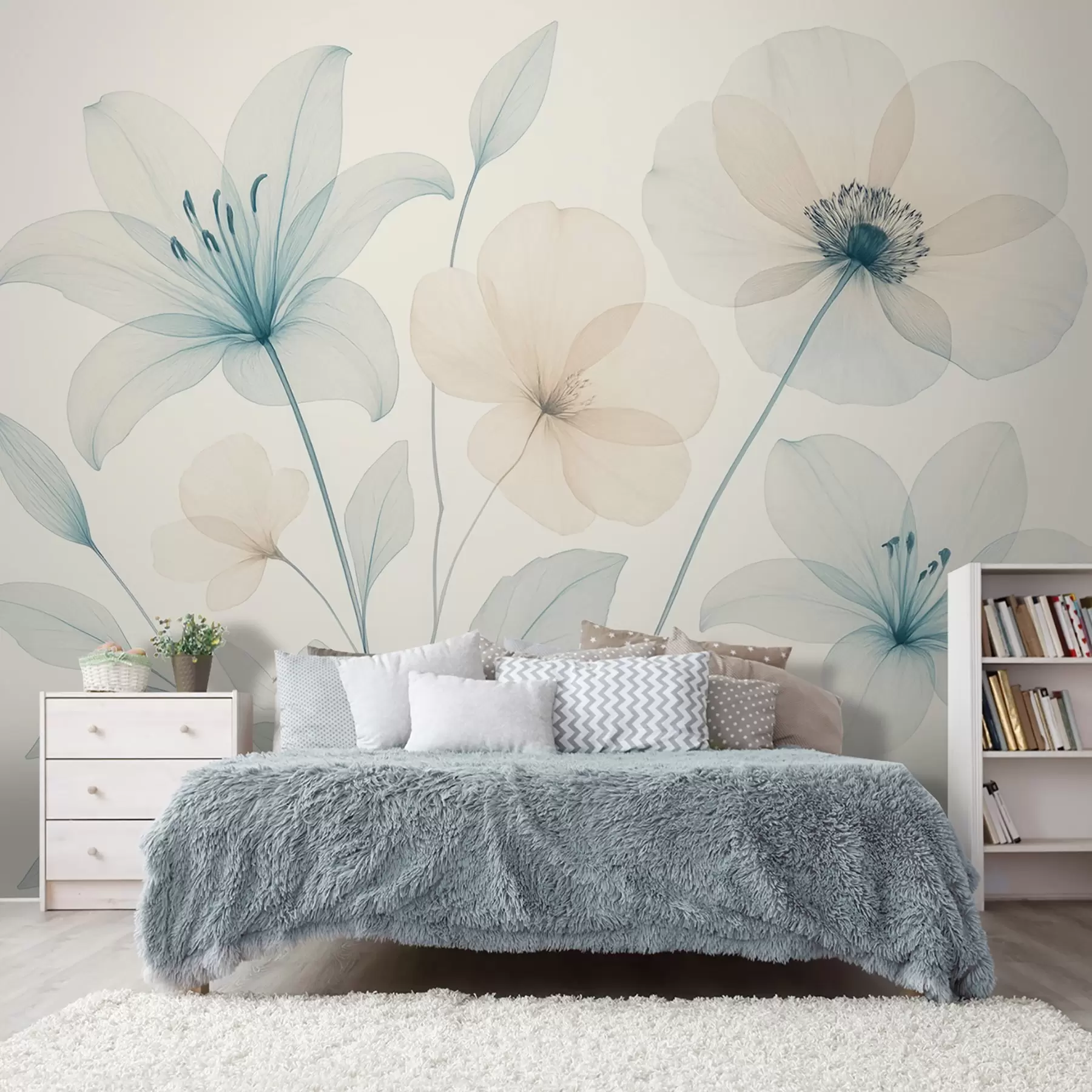 Papier peint Fleurs délicates dans un style aquarelle bleu pastel et crème w09287