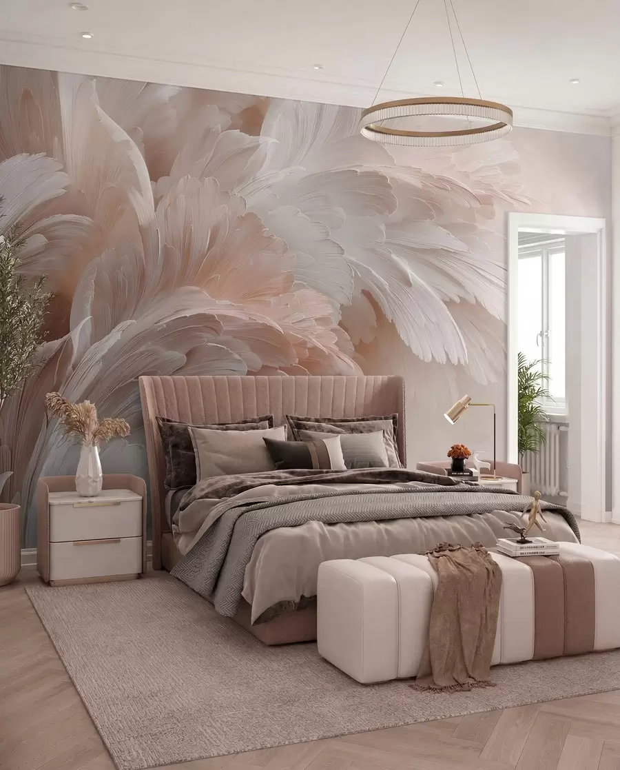 Papier peint Plumes et pétales aériens dans des tons rose crème w09301