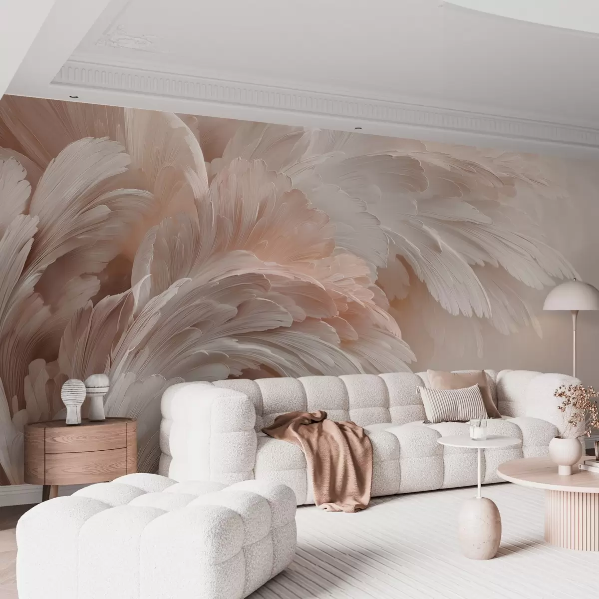 Papier peint Plumes et pétales aériens dans des tons rose crème w09301