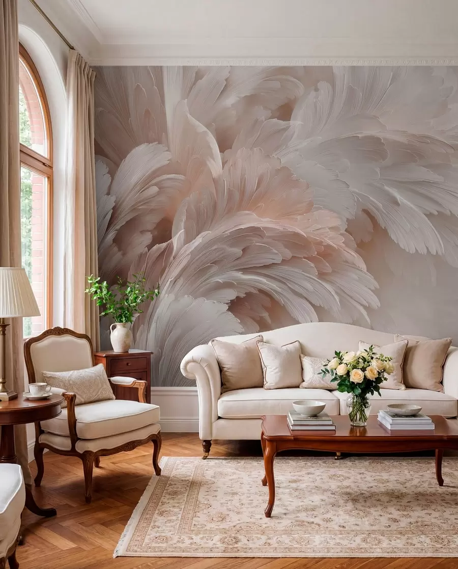 Papier peint Plumes et pétales aériens dans des tons rose crème w09301