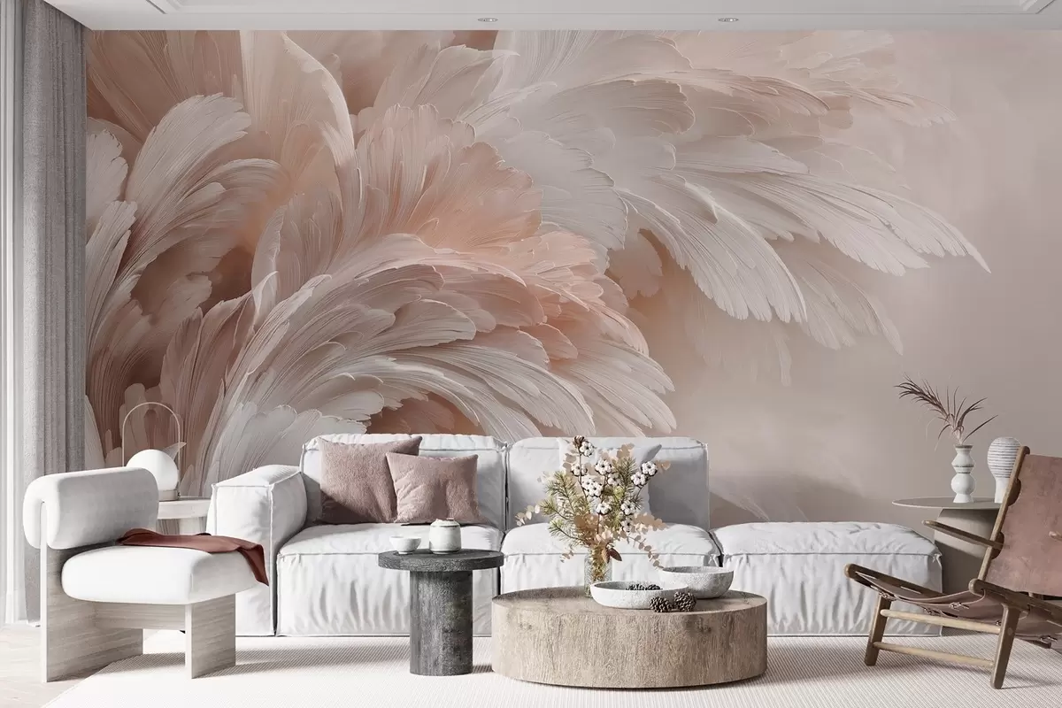 Papier peint Plumes et pétales aériens dans des tons rose crème w09301