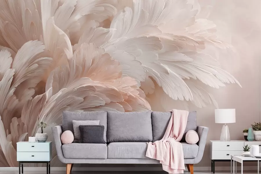 Papier peint Plumes et pétales aériens dans des tons rose crème w09301