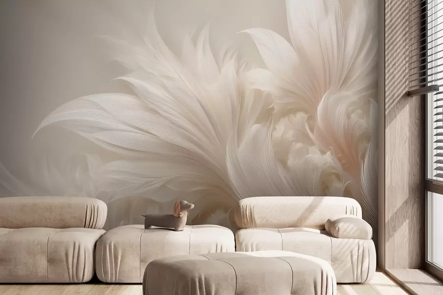 Papier peint Plumes en apesanteur dans les tons crème vanille w09302