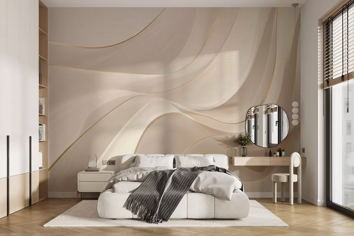 Papier peint Vagues fluides aux accents jaunes dans une lumière crémeuse w09303